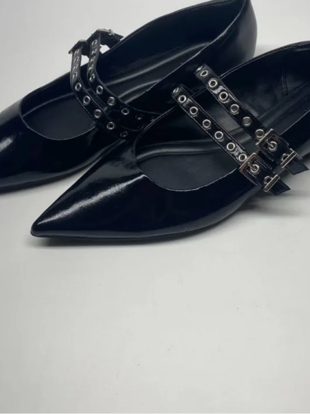 Nordstrom Pointed Black Mary Jane Flats with Double Grommet Straps